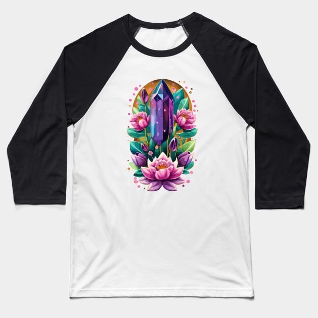 Lotus Flower and Purple Amethyst Crystal Spirituality Baseball T-Shirt by Kraina